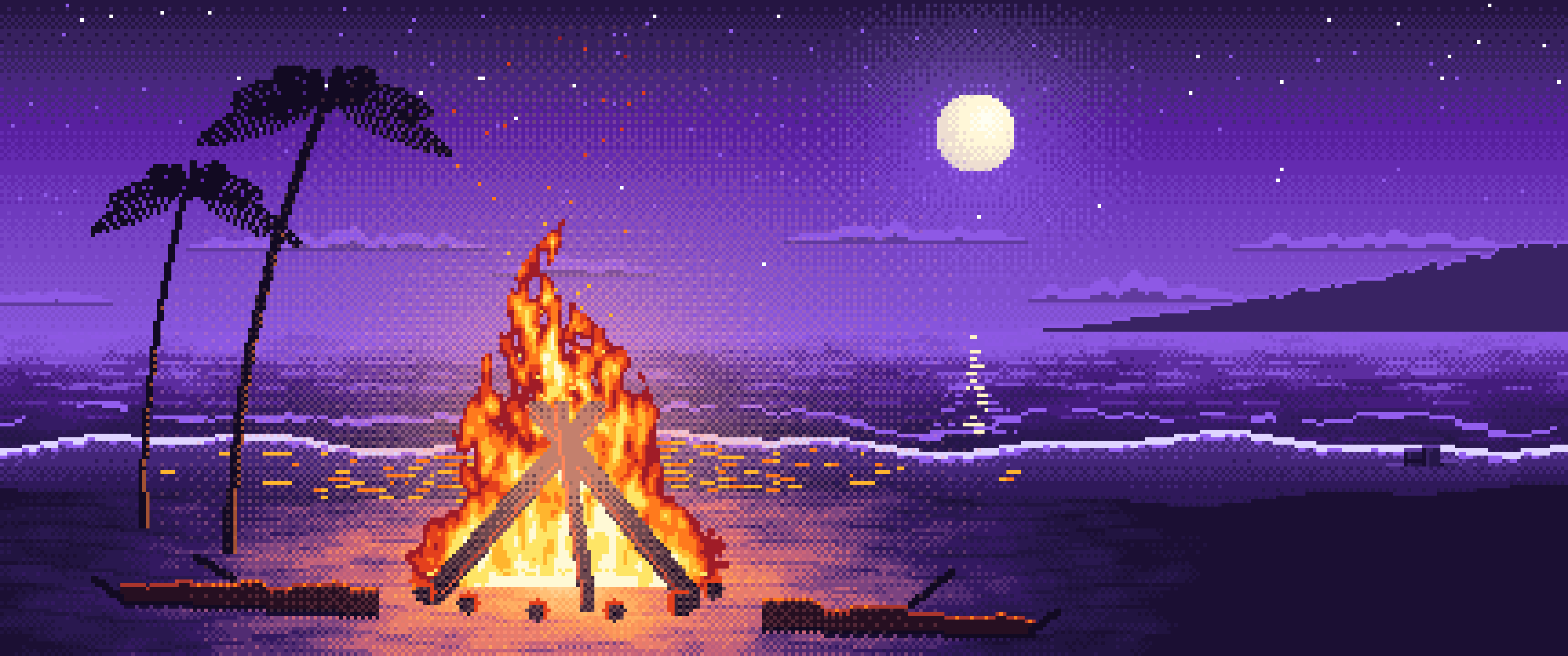 Purple Pixel Art Beach Bonfire at Night ultrawide wallpaper, 3440 × 1440