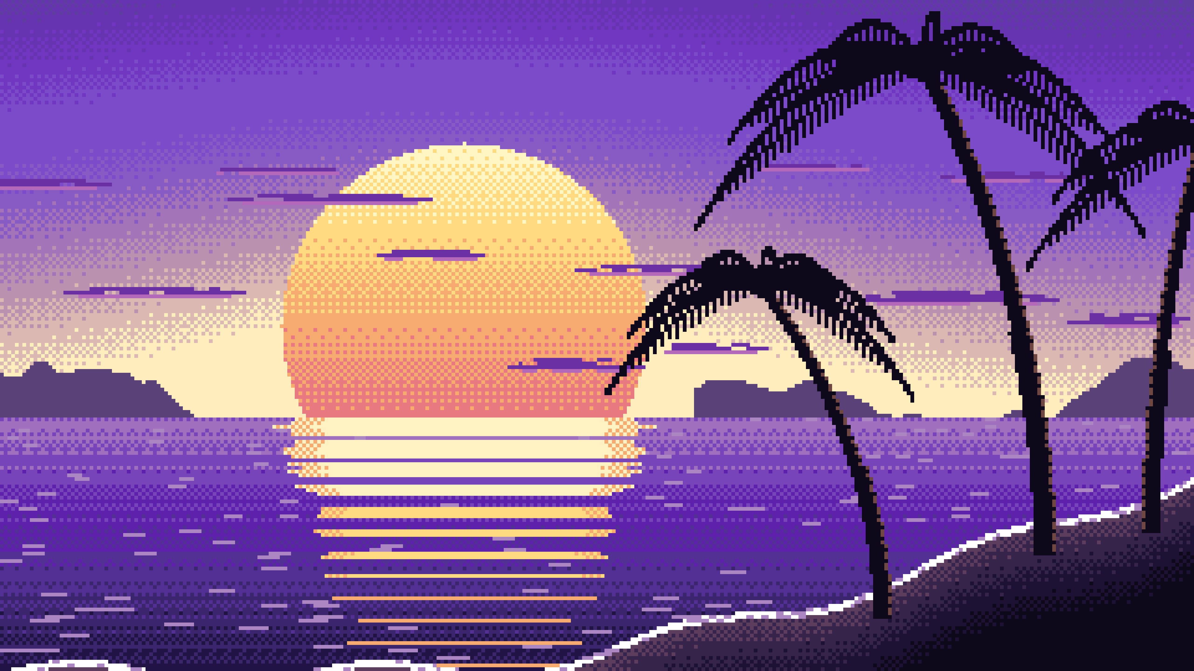 Purple Pixel Art Beach Sunset desktop wallpaper in 4K