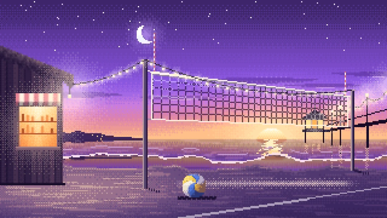 Purple Pixel Art Beach Volleyball by a Pier at Dusk desktop wallpaper in 4K