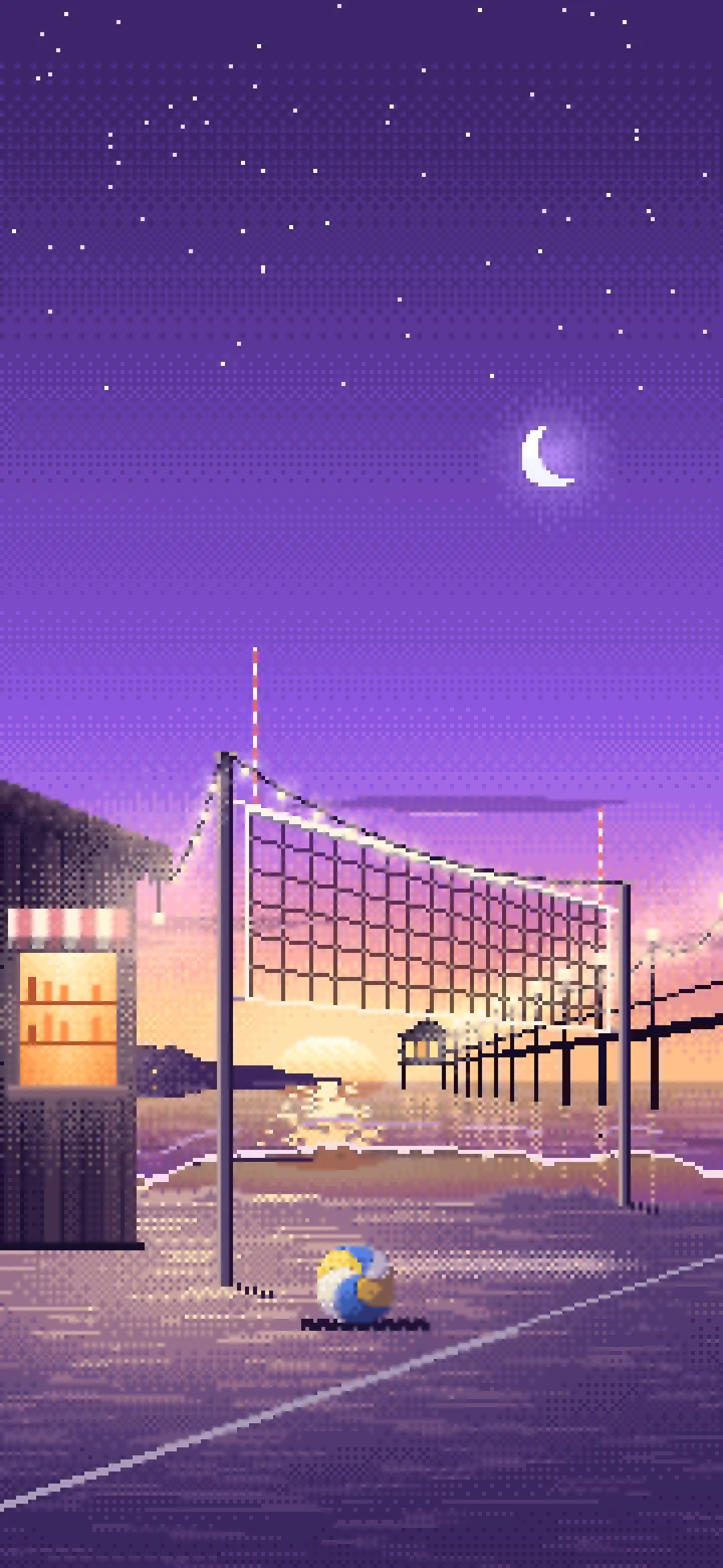 Purple Pixel Art Beach Volleyball by a Pier at Dusk wallpaper for iPhone and Android