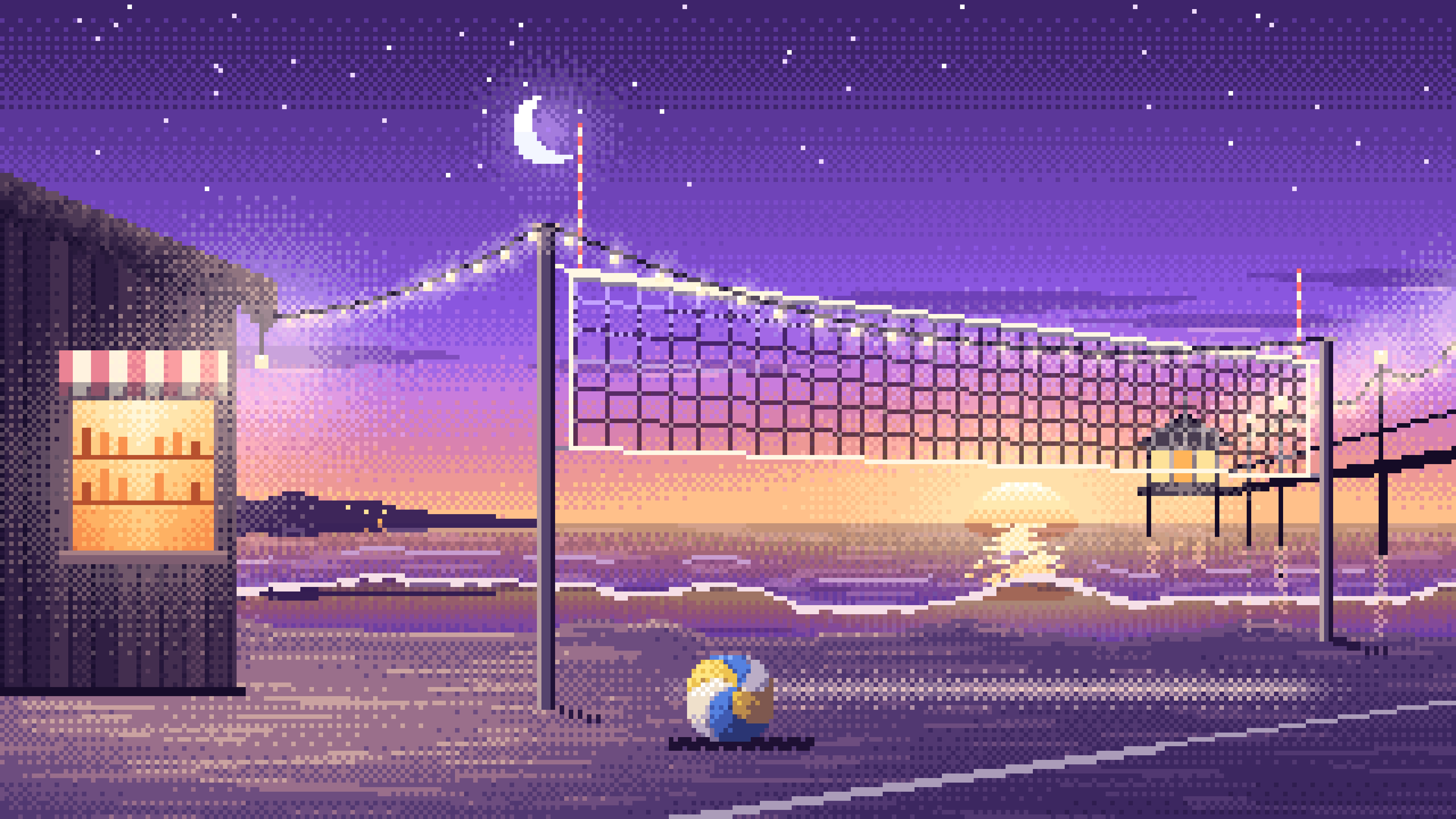 Purple Pixel Art Beach Volleyball by a Pier at Dusk desktop wallpaper in 4K