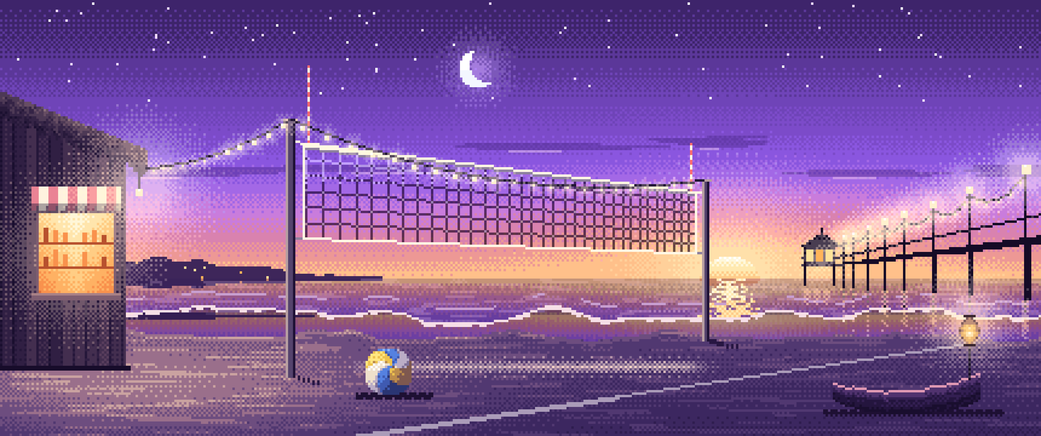 Purple Pixel Art Beach Volleyball by a Pier at Dusk ultrawide wallpaper, 3440 × 1440