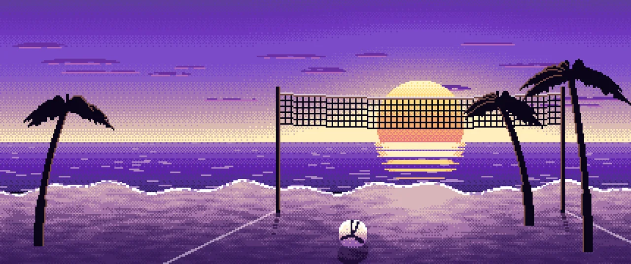 Purple Pixel Art Beach Volleyball ultrawide wallpaper, 3440 × 1440
