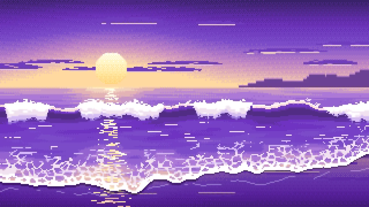 Purple Pixel Art Beach Waves at Sunset desktop wallpaper in 4K