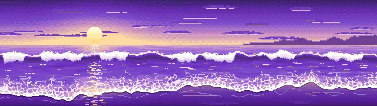 Purple Pixel Art Beach Waves at Sunset dual monitor wallpaper, 7680 × 2160