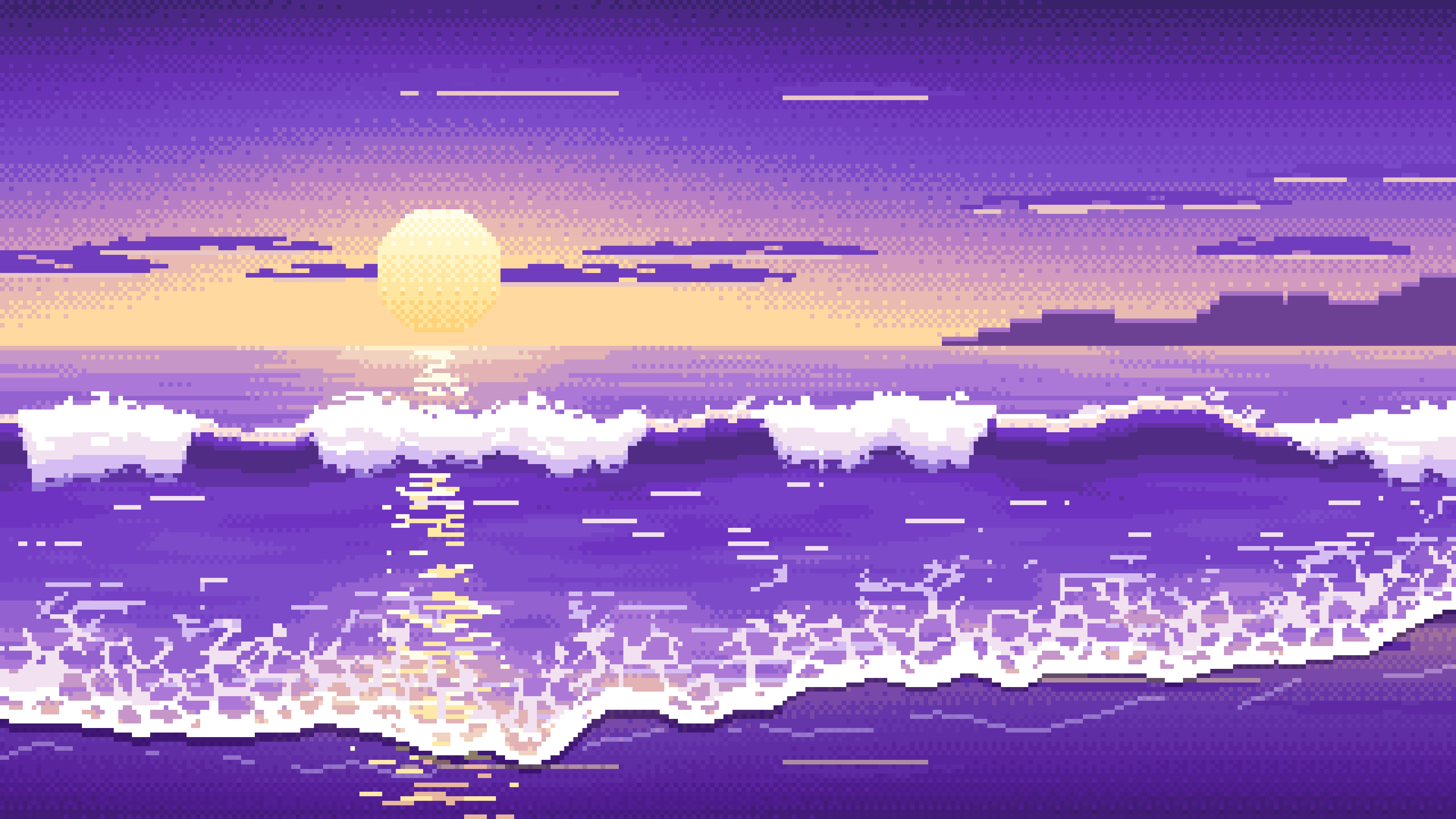 Purple Pixel Art Beach Waves at Sunset desktop wallpaper in 4K