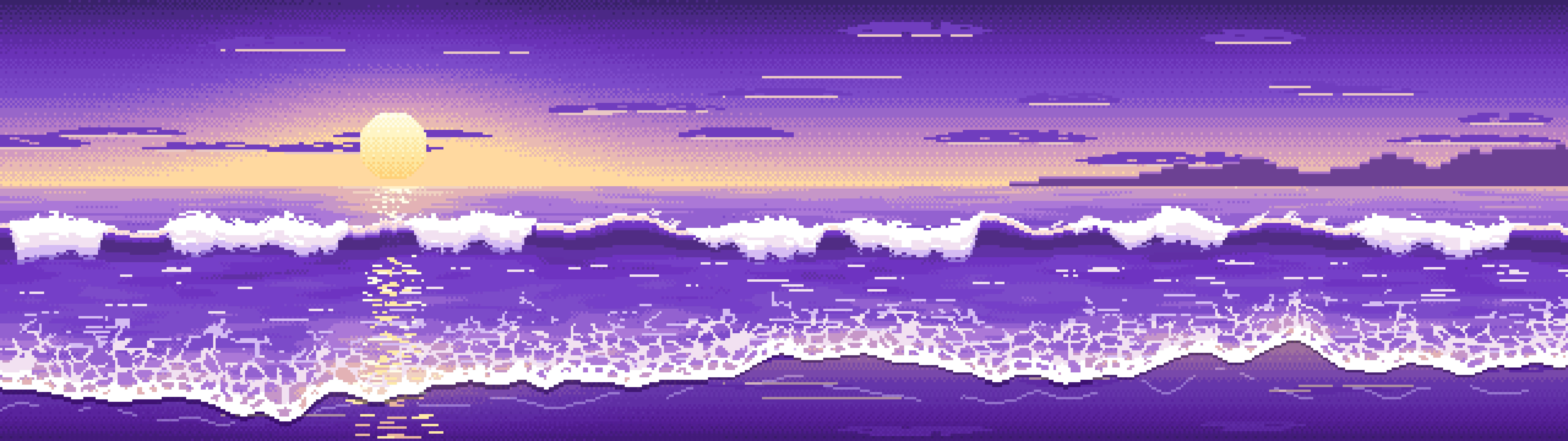 Purple Pixel Art Beach Waves at Sunset dual monitor wallpaper, 7680 × 2160