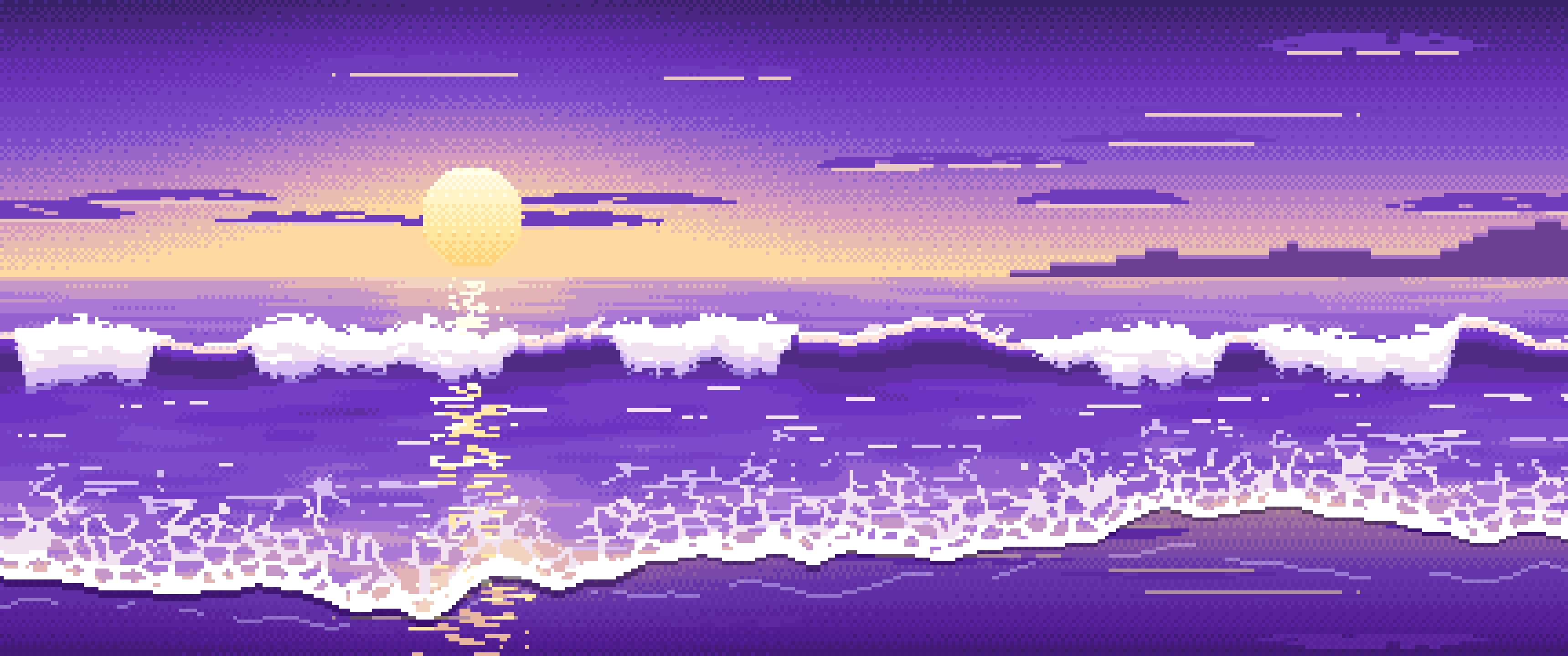 Purple Pixel Art Beach Waves at Sunset ultrawide wallpaper, 3440 × 1440