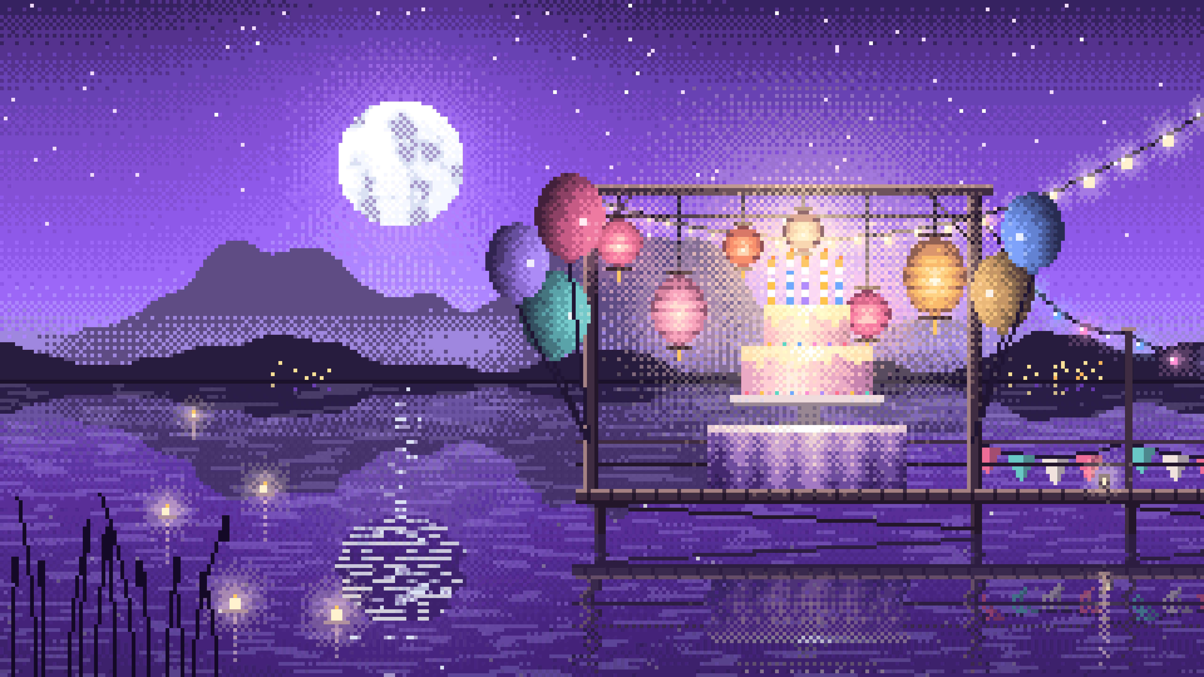Purple Pixel Art Birthday Party on a Lake desktop wallpaper in 4K
