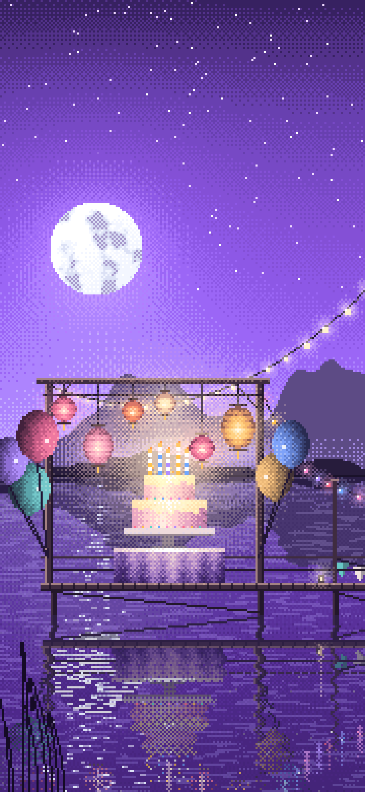 Purple Pixel Art Birthday Party on a Lake wallpaper for iPhone and Android