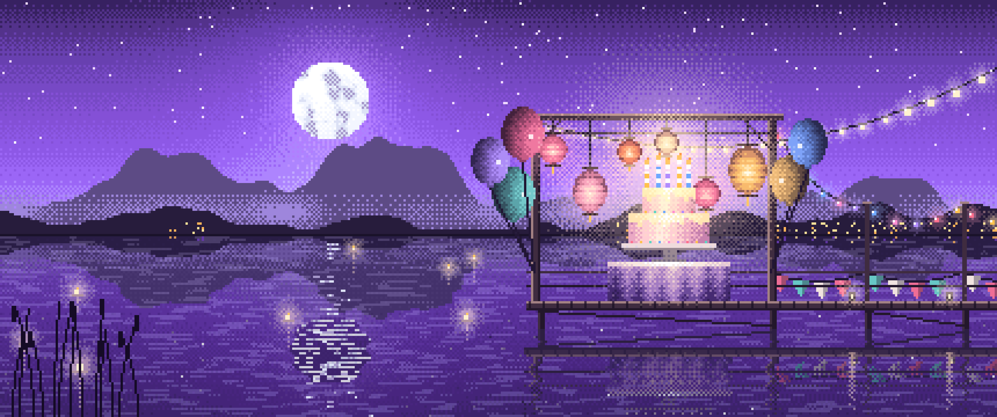 Purple Pixel Art Birthday Party on a Lake ultrawide wallpaper, 3440 × 1440