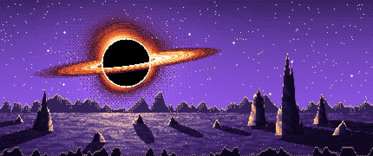 Purple Pixel Art Black Hole Over an Alien World ultrawide wallpaper, 3440 × 1440