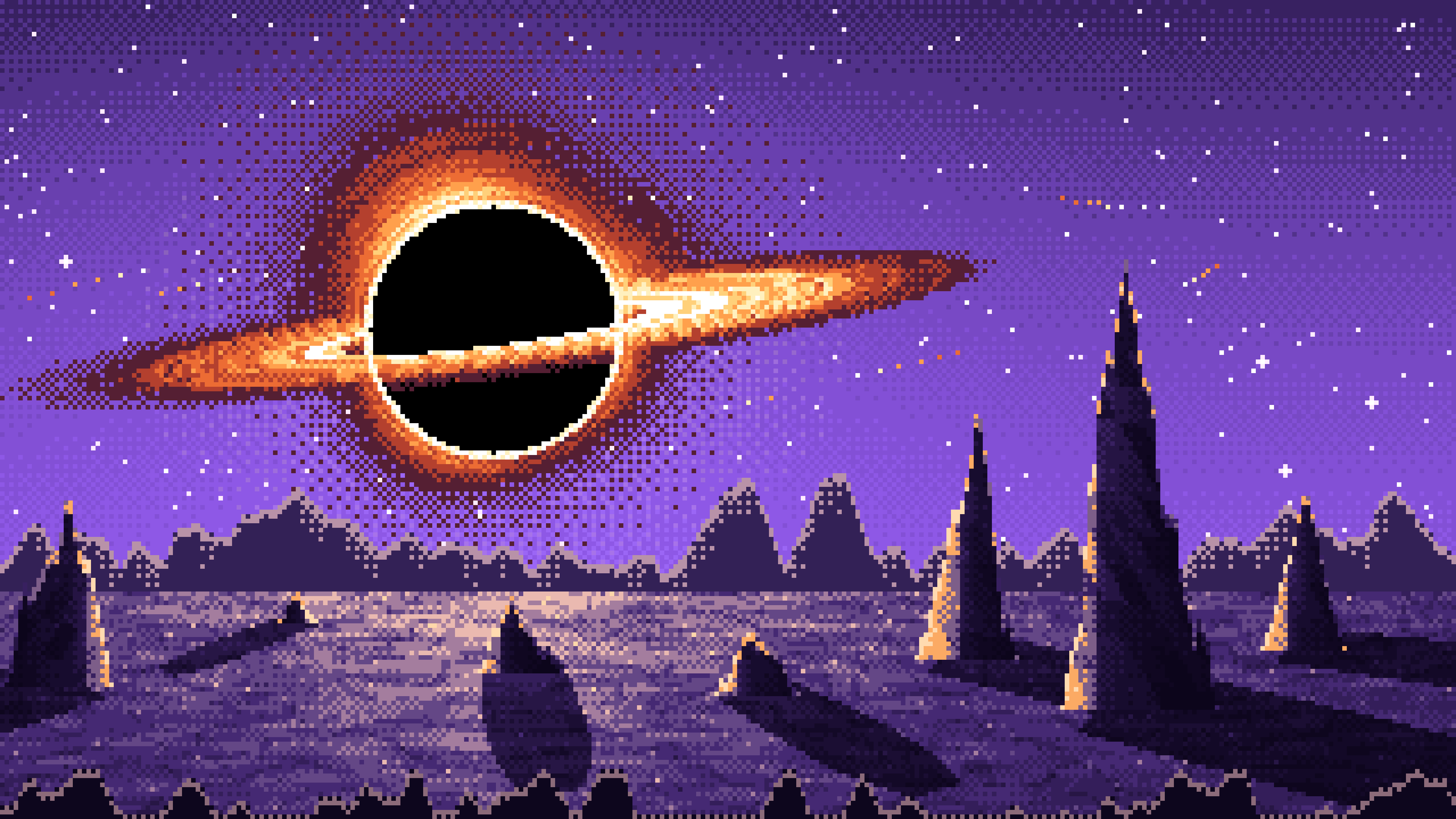 Purple Pixel Art Black Hole Over an Alien World desktop wallpaper in 4K