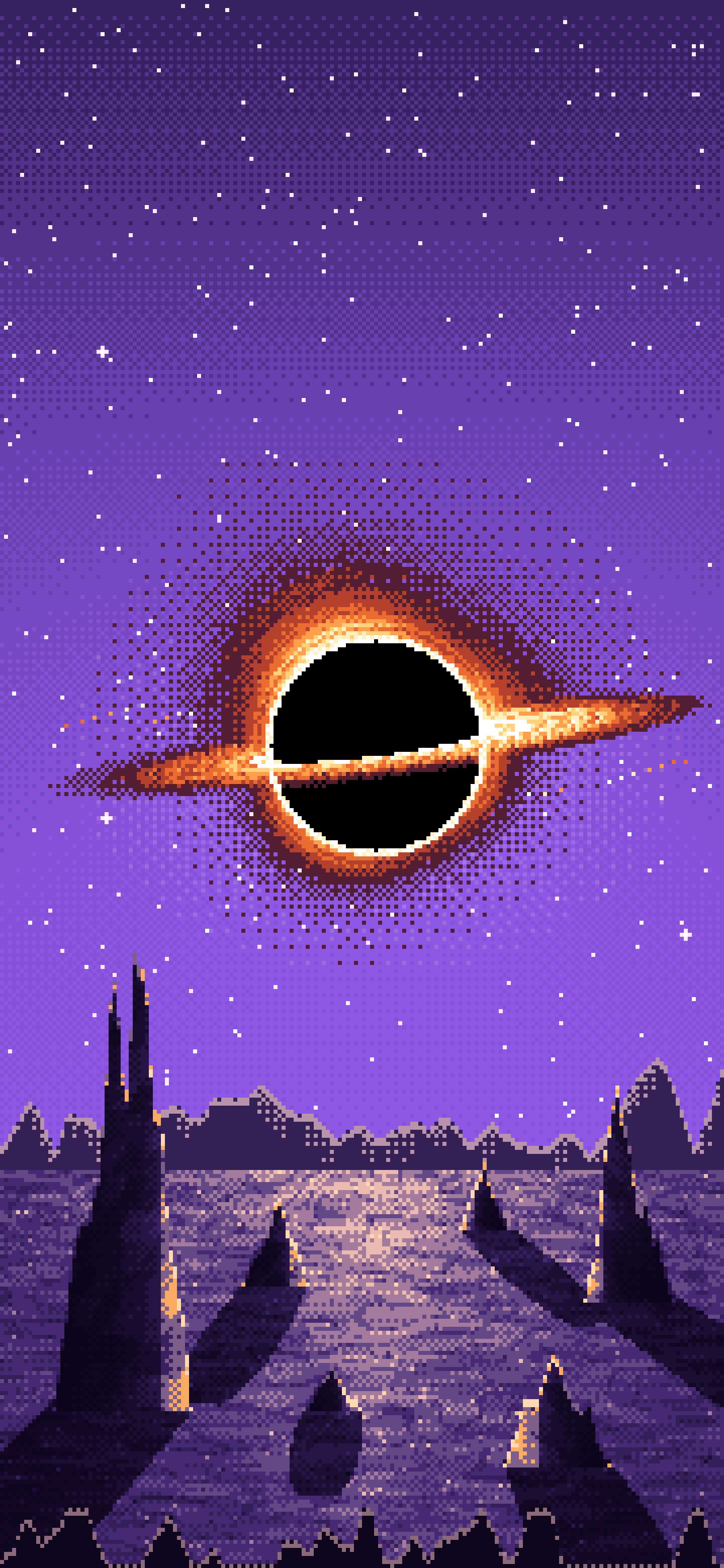 Purple Pixel Art Black Hole Over an Alien World wallpaper for iPhone and Android
