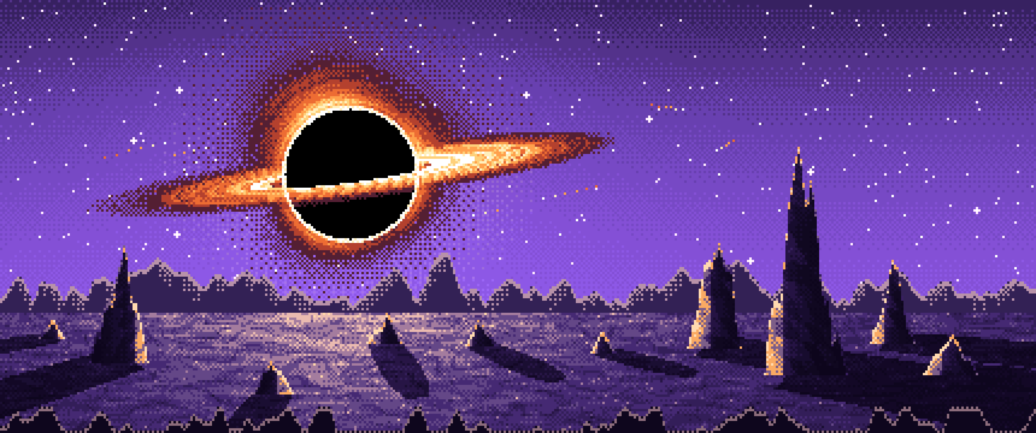 Purple Pixel Art Black Hole Over an Alien World ultrawide wallpaper, 3440 × 1440