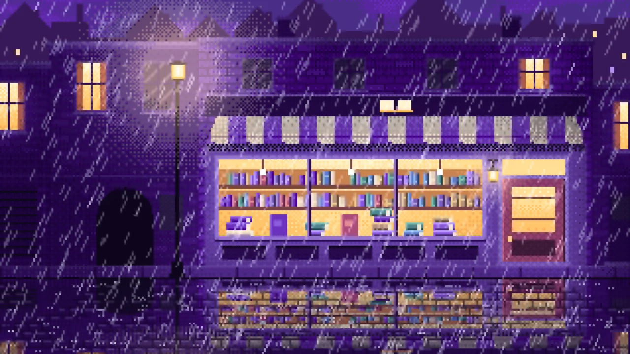 Purple Pixel Art Bookshop at Night in the Rain desktop wallpaper in 4K