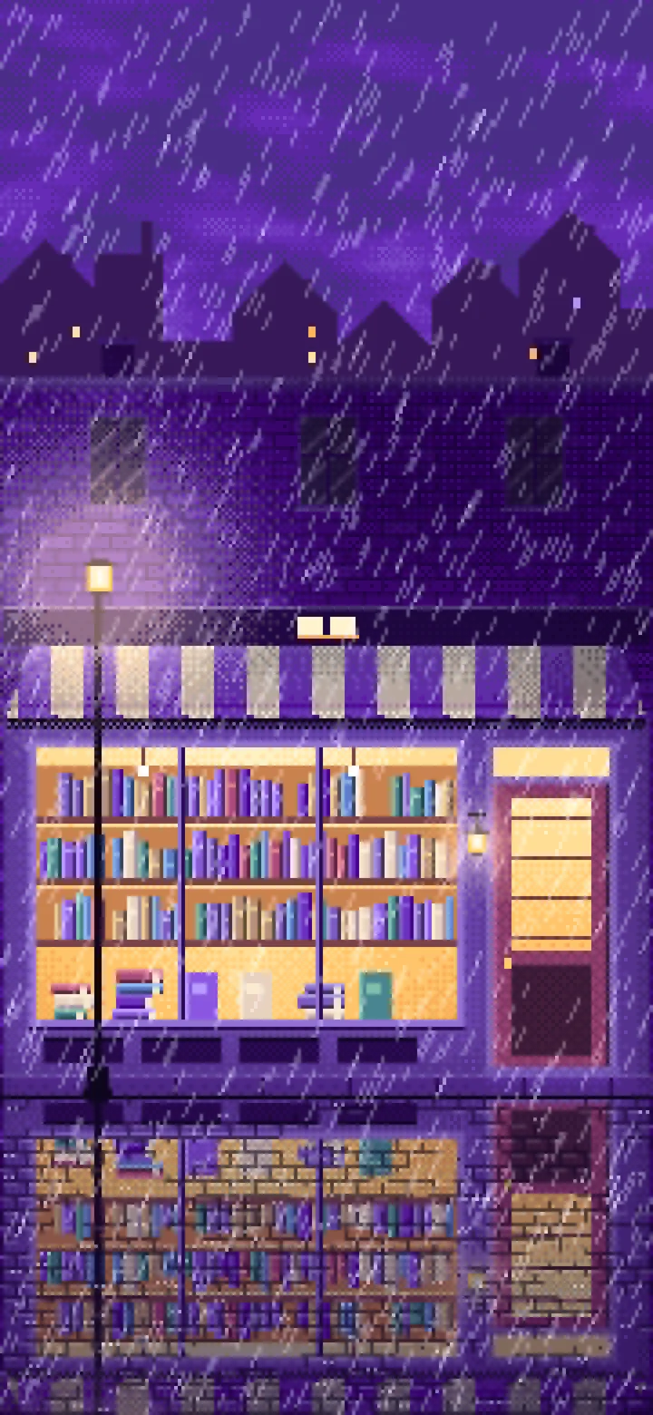 Purple Pixel Art Bookshop at Night in the Rain wallpaper for iPhone and Android
