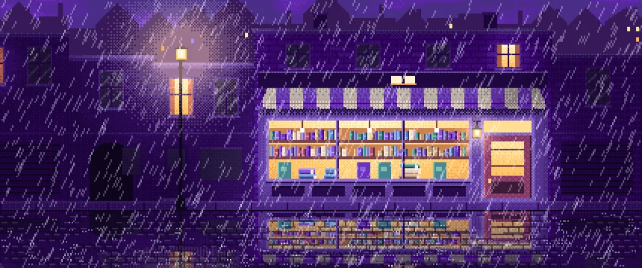 Purple Pixel Art Bookshop at Night in the Rain ultrawide wallpaper, 3440 × 1440