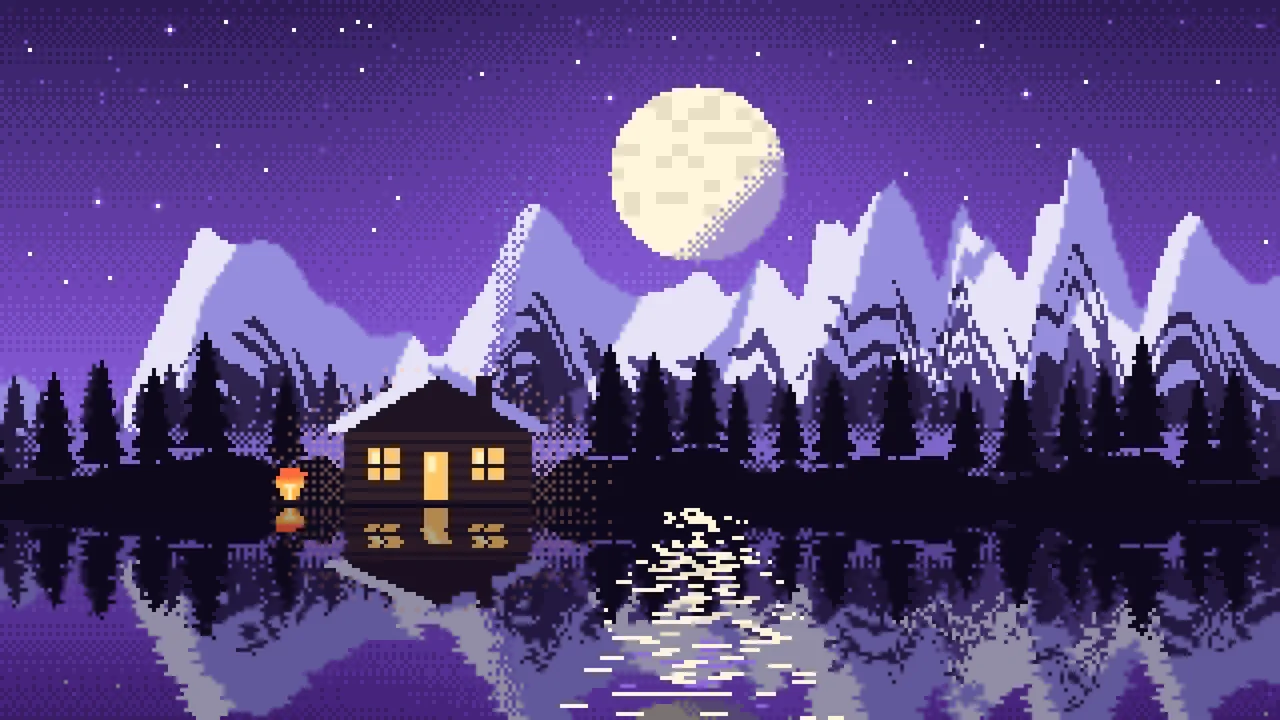 Purple Pixel Art Cabin desktop wallpaper in 4K