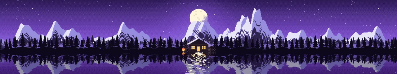 Purple Pixel Art Cabin triple monitor wallpaper, 7680 × 1440