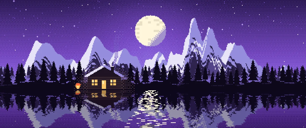 Purple Pixel Art Cabin ultrawide wallpaper, 3440 × 1440