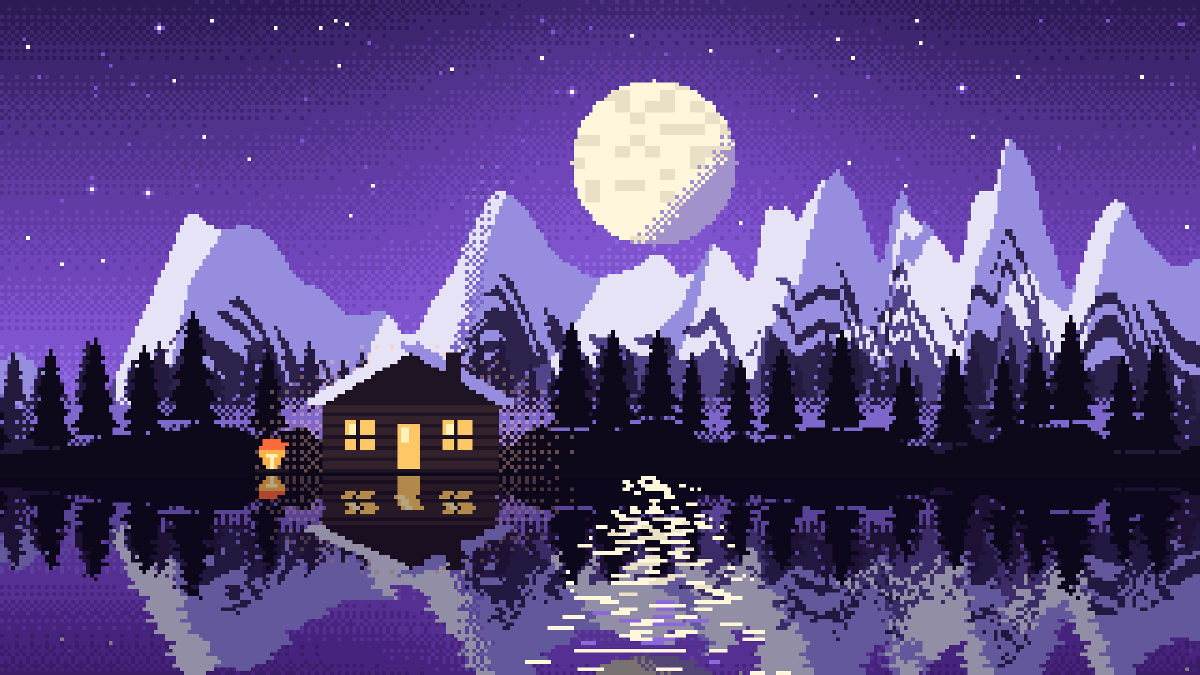 Purple Pixel Art Cabin desktop wallpaper in 4K
