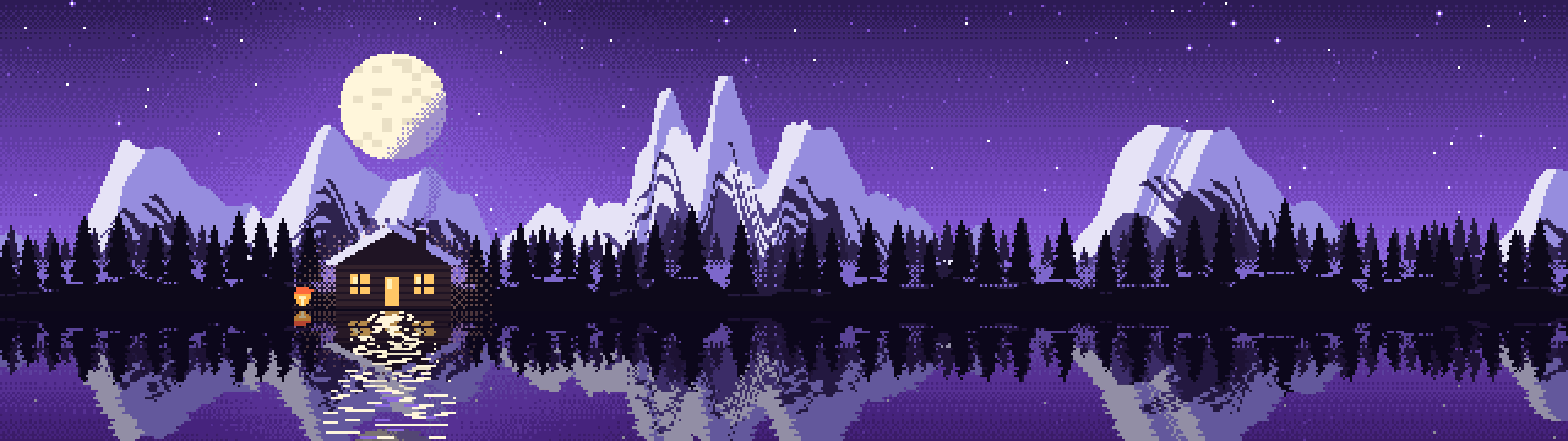 Purple Pixel Art Cabin dual monitor wallpaper, 7680 × 2160