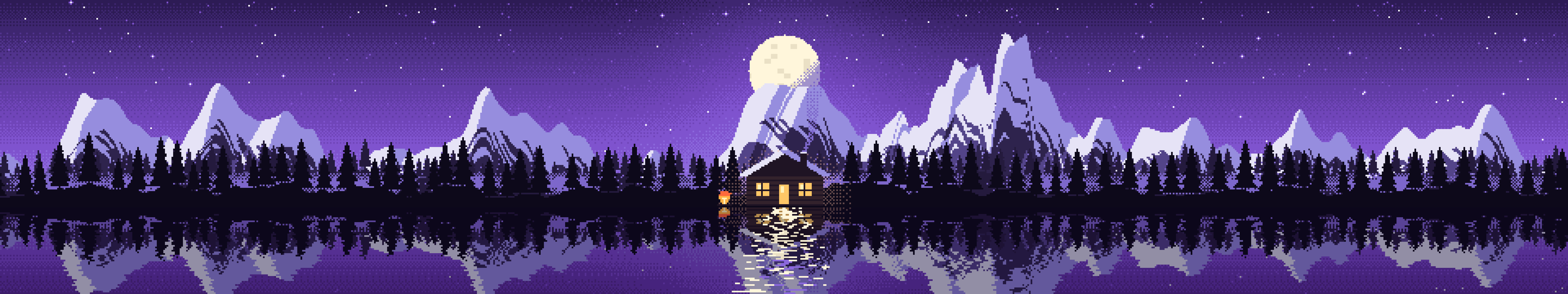 Purple Pixel Art Cabin triple monitor wallpaper, 7680 × 1440