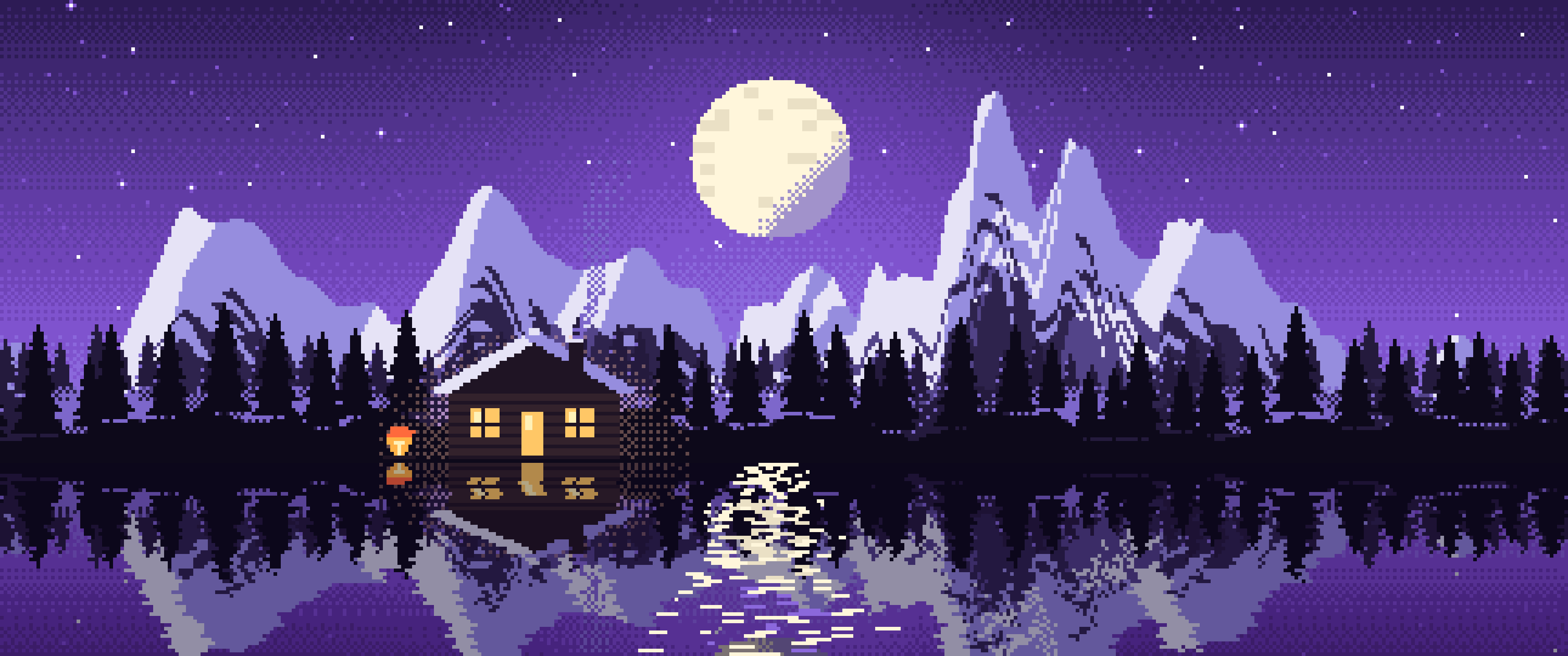 Purple Pixel Art Cabin ultrawide wallpaper, 3440 × 1440