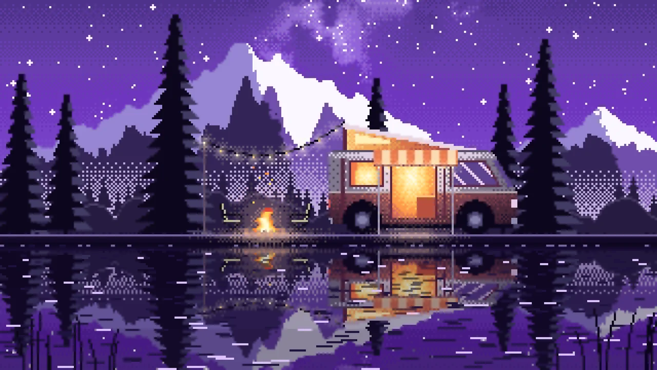 Purple Pixel Art Camper Van Camping by a Lake at Night desktop wallpaper in 4K