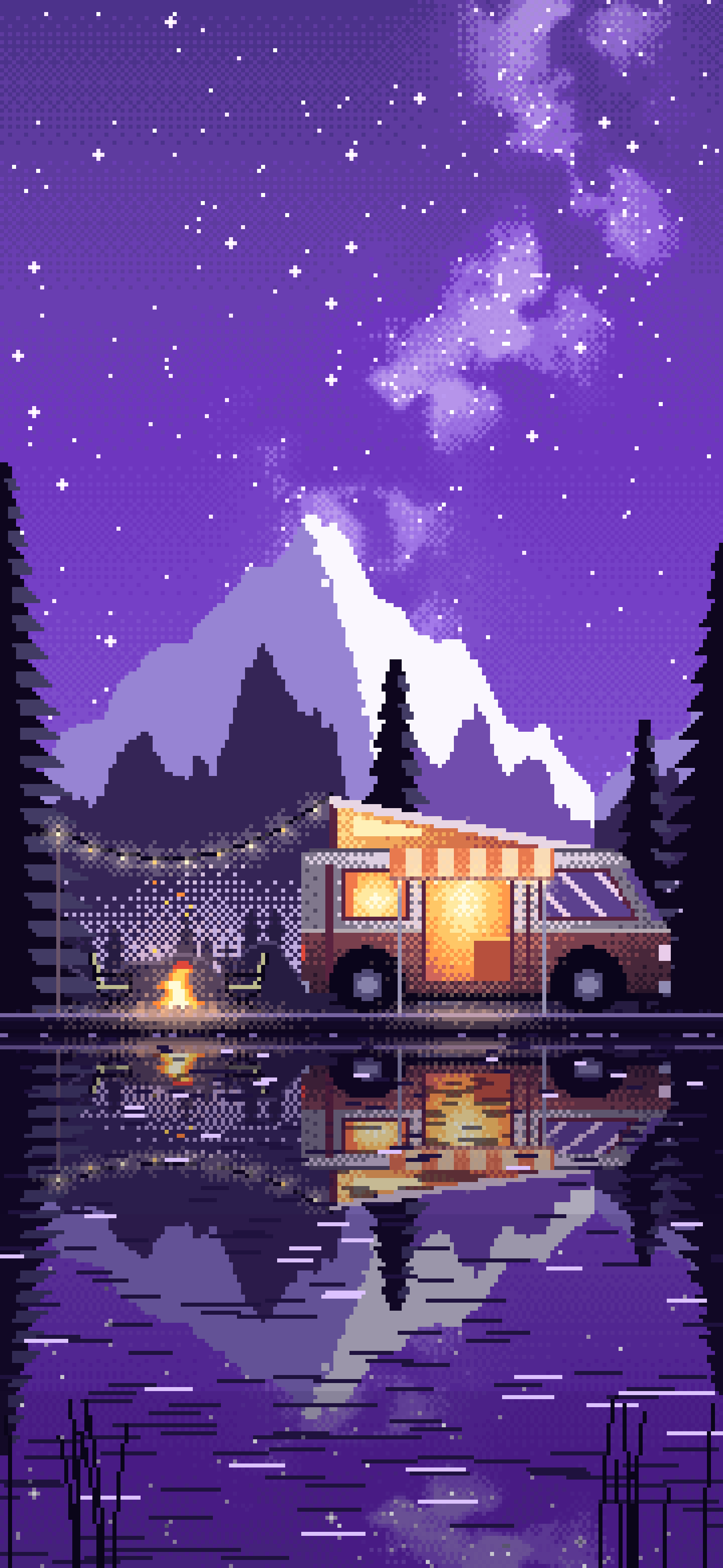 Purple Pixel Art Camper Van Camping by a Lake at Night wallpaper for iPhone and Android