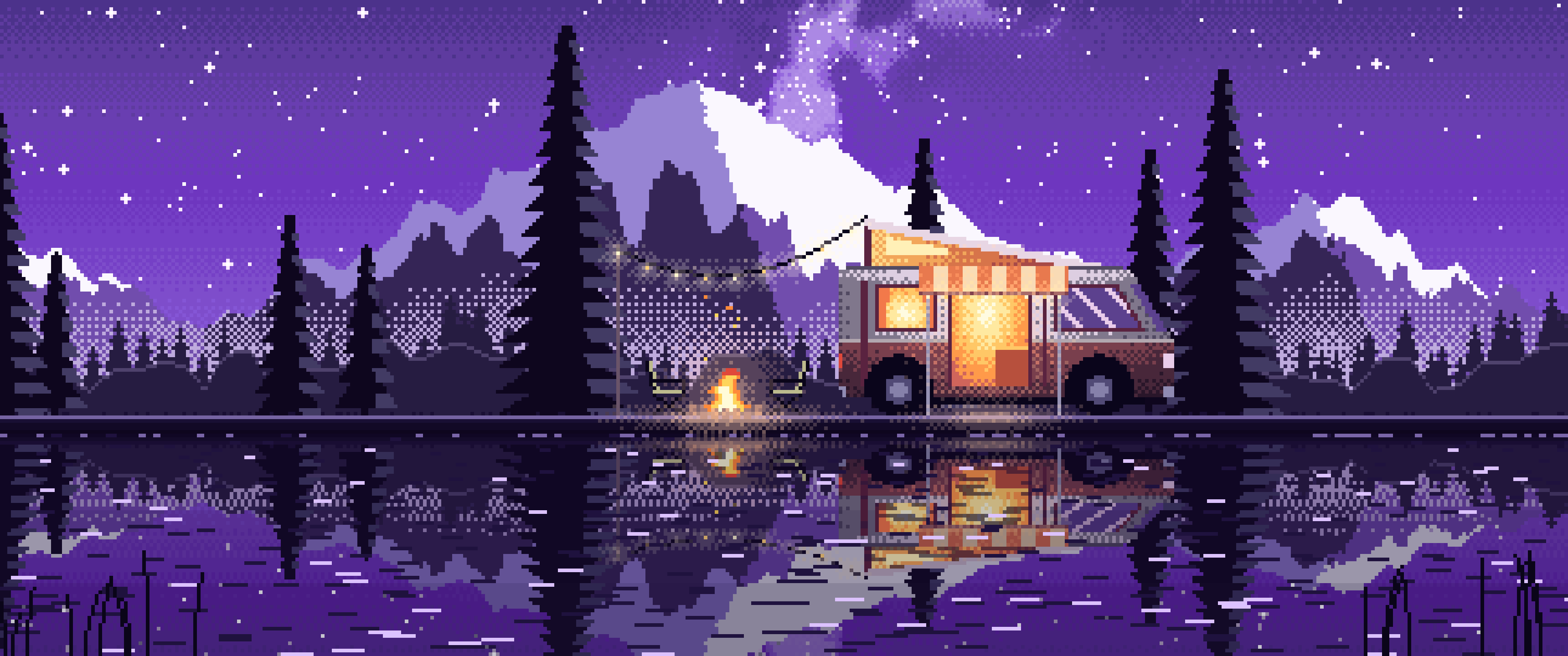 Purple Pixel Art Camper Van Camping by a Lake at Night ultrawide wallpaper, 3440 × 1440