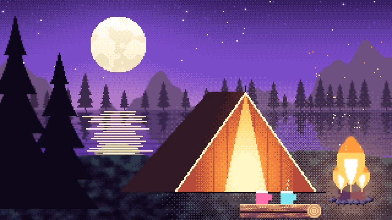 Purple Pixel Art Campfire desktop wallpaper in 4K