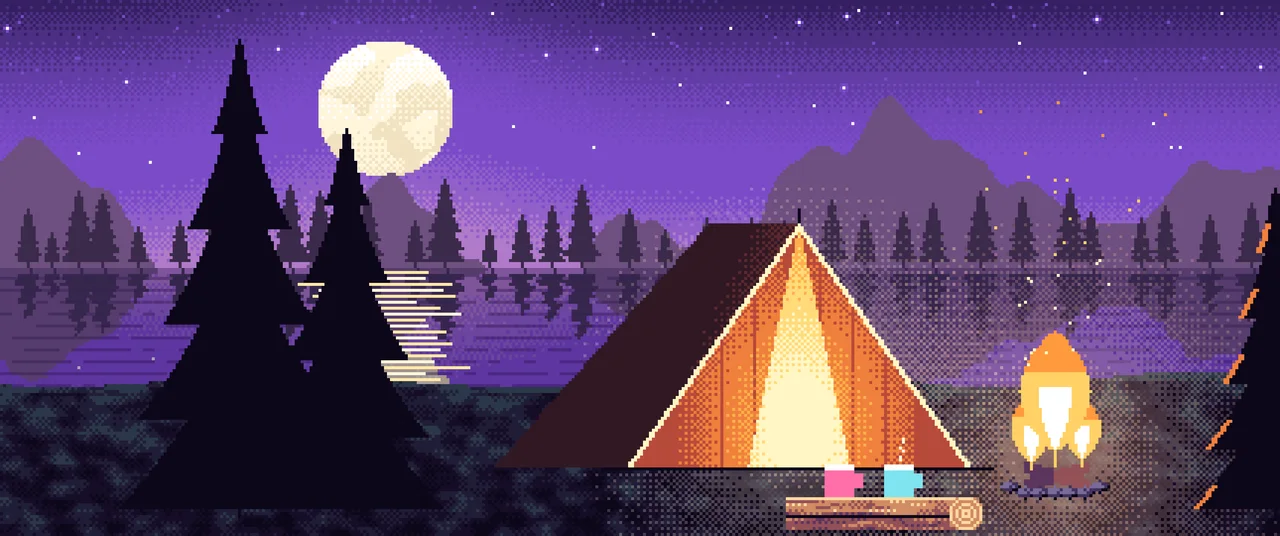 Purple Pixel Art Campfire ultrawide wallpaper, 3440 × 1440