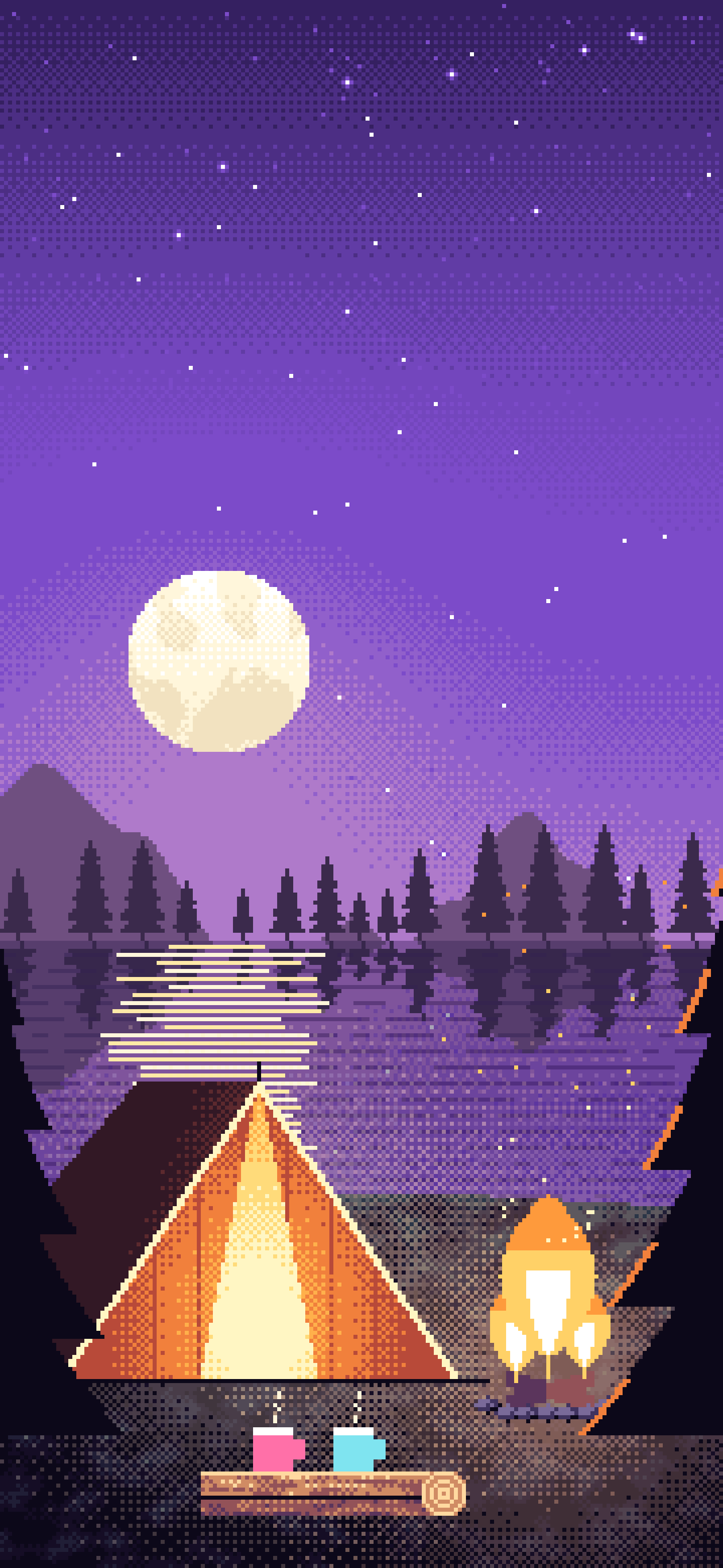 Purple Pixel Art Campfire wallpaper for iPhone and Android