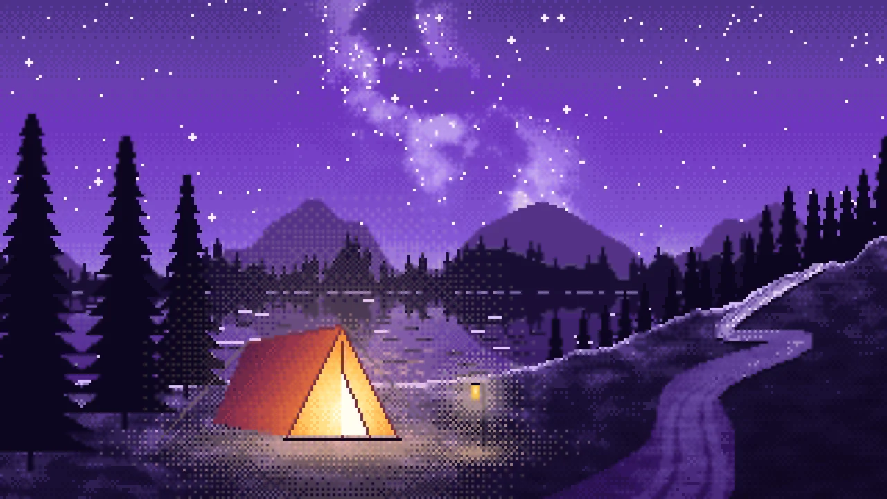 Purple Pixel Art Camping Tent by a Lake desktop wallpaper in 4K