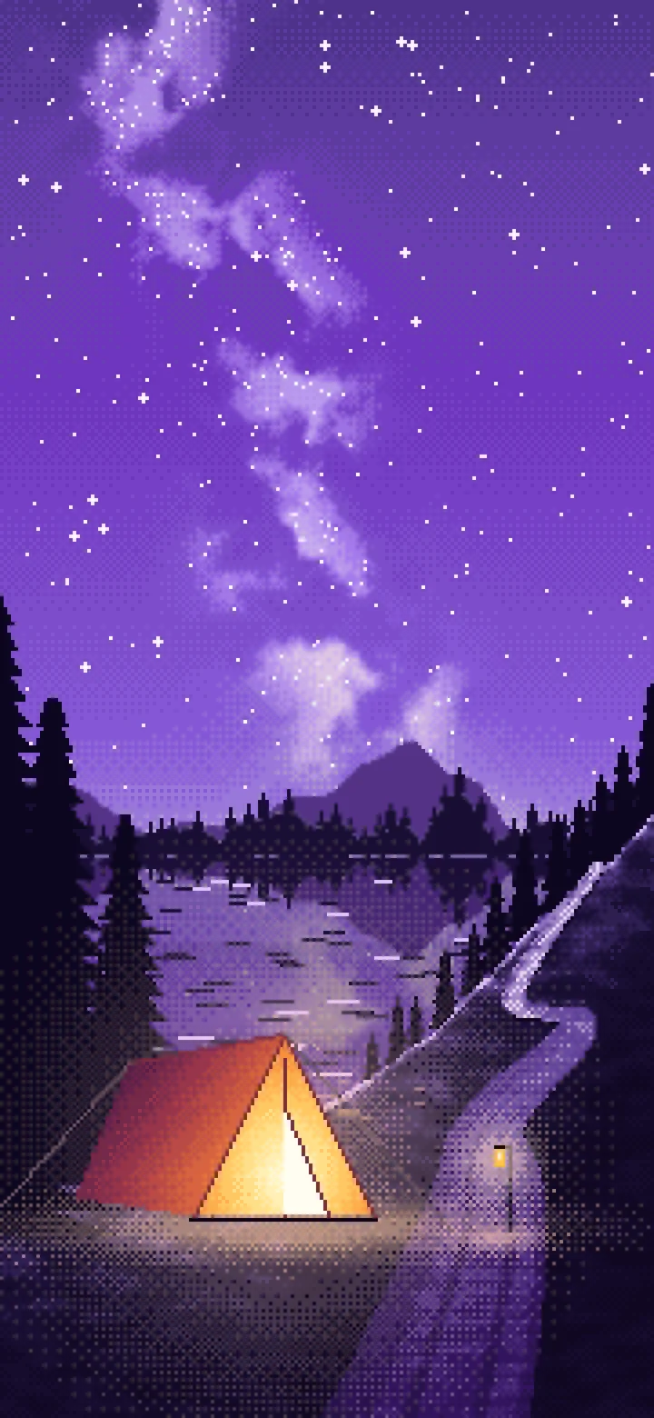Purple Pixel Art Camping Tent by a Lake wallpaper for iPhone and Android