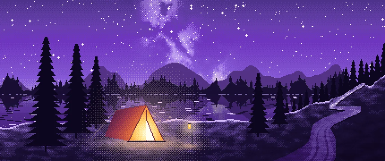 Purple Pixel Art Camping Tent by a Lake ultrawide wallpaper, 3440 × 1440
