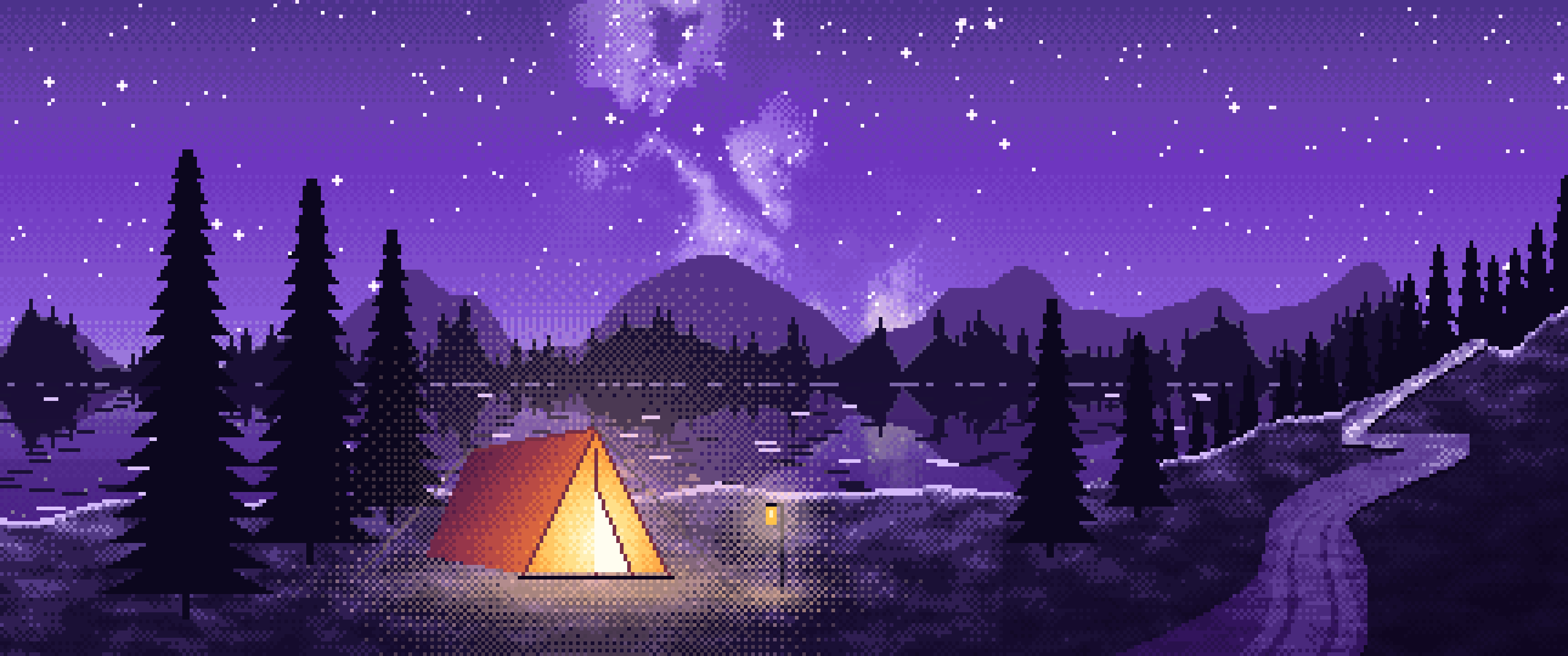 Purple Pixel Art Camping Tent by a Lake ultrawide wallpaper, 3440 × 1440