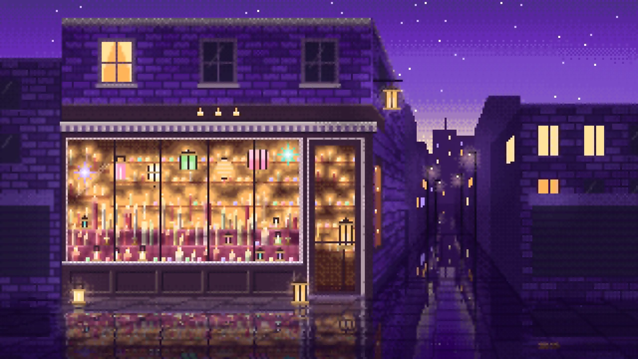 Purple Pixel Art Candle Shop desktop wallpaper in 4K