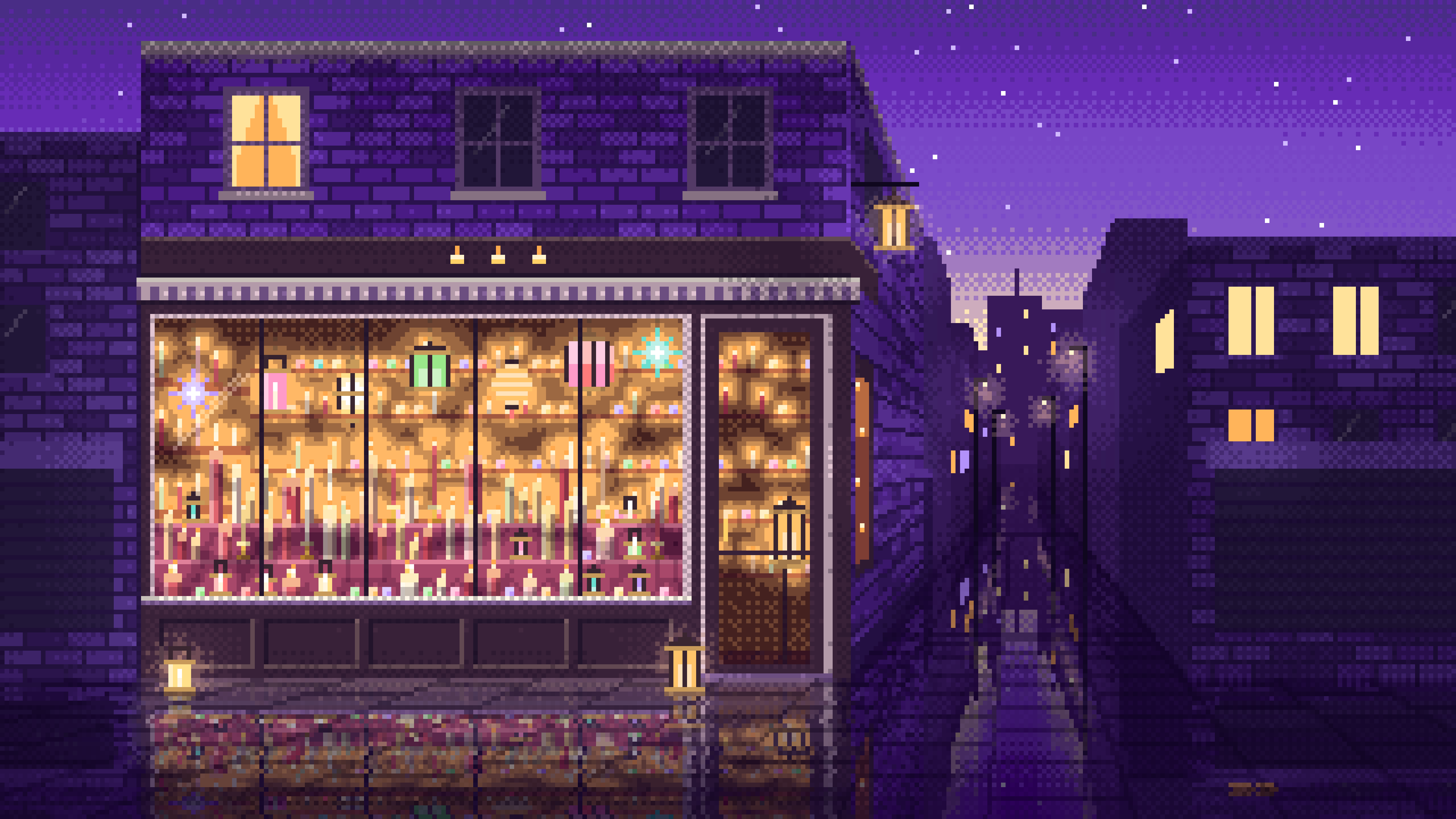 Purple Pixel Art Candle Shop desktop wallpaper in 4K