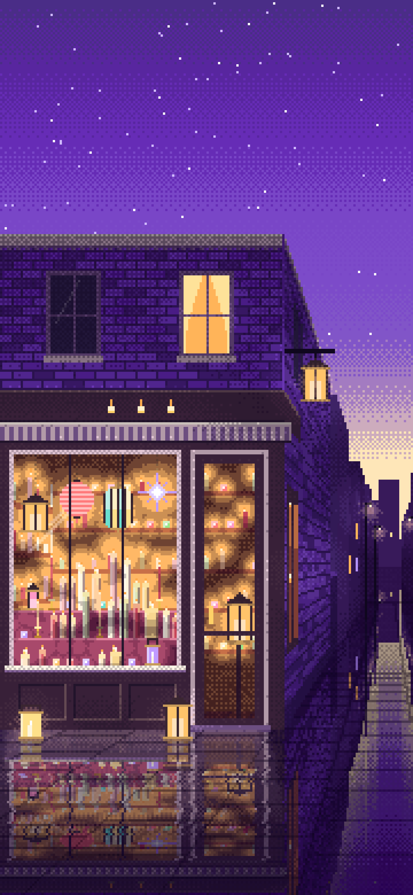 Purple Pixel Art Candle Shop wallpaper for iPhone and Android