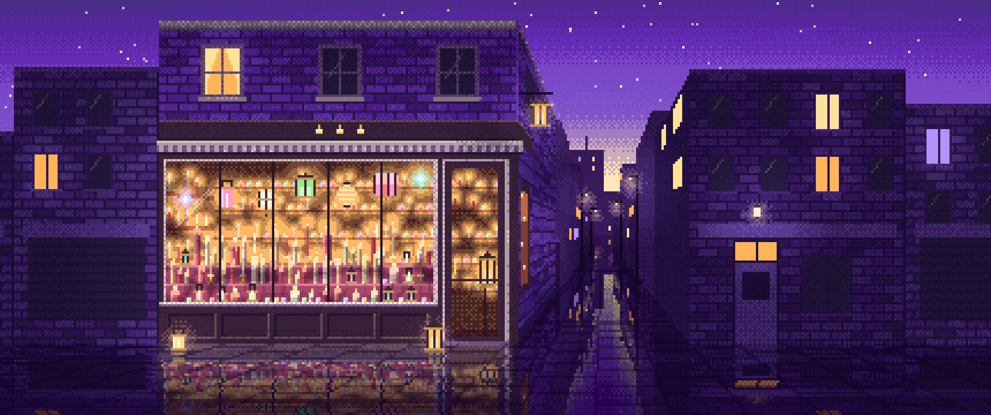 Purple Pixel Art Candle Shop ultrawide wallpaper, 3440 × 1440
