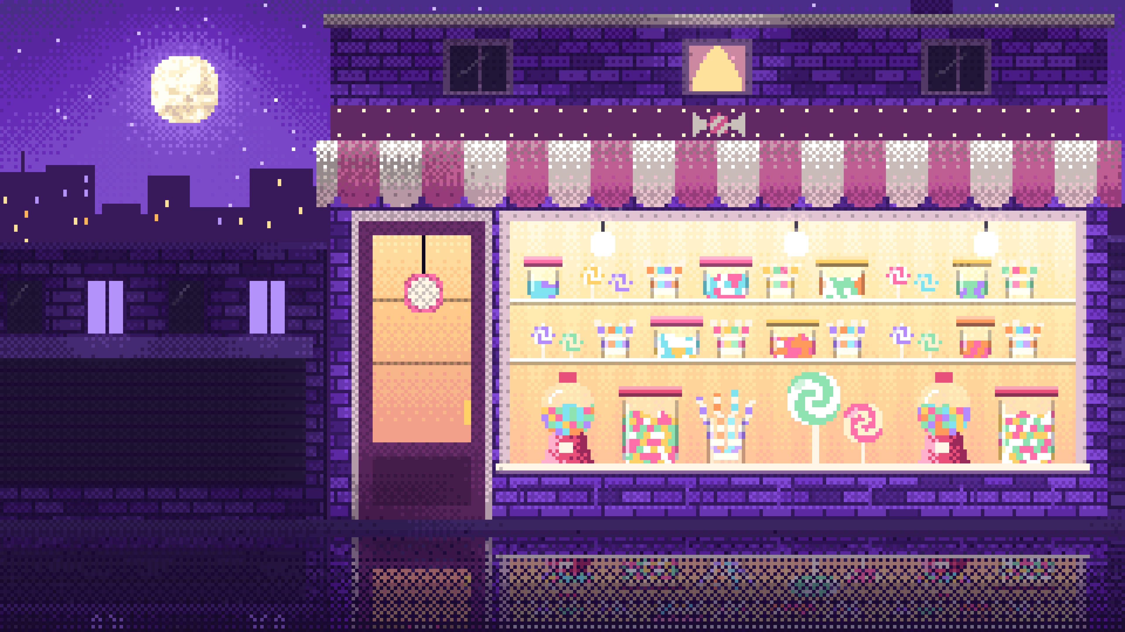 Purple Pixel Art Candy Shop desktop wallpaper in 4K