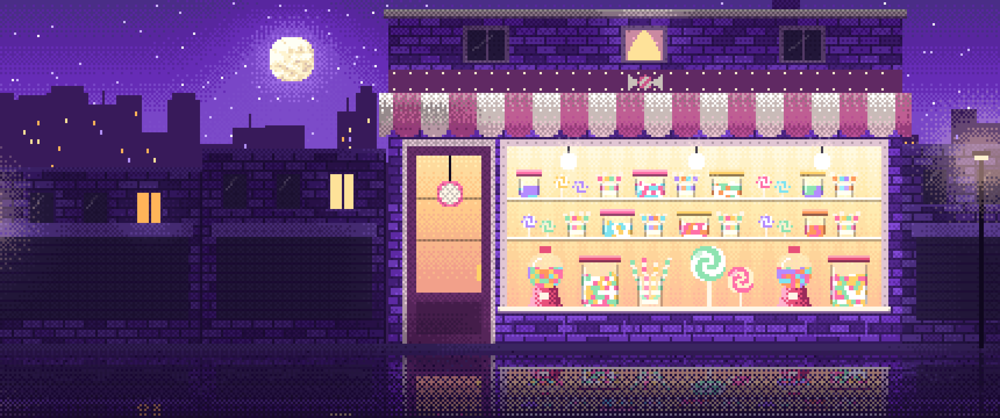 Purple Pixel Art Candy Shop ultrawide wallpaper, 3440 × 1440