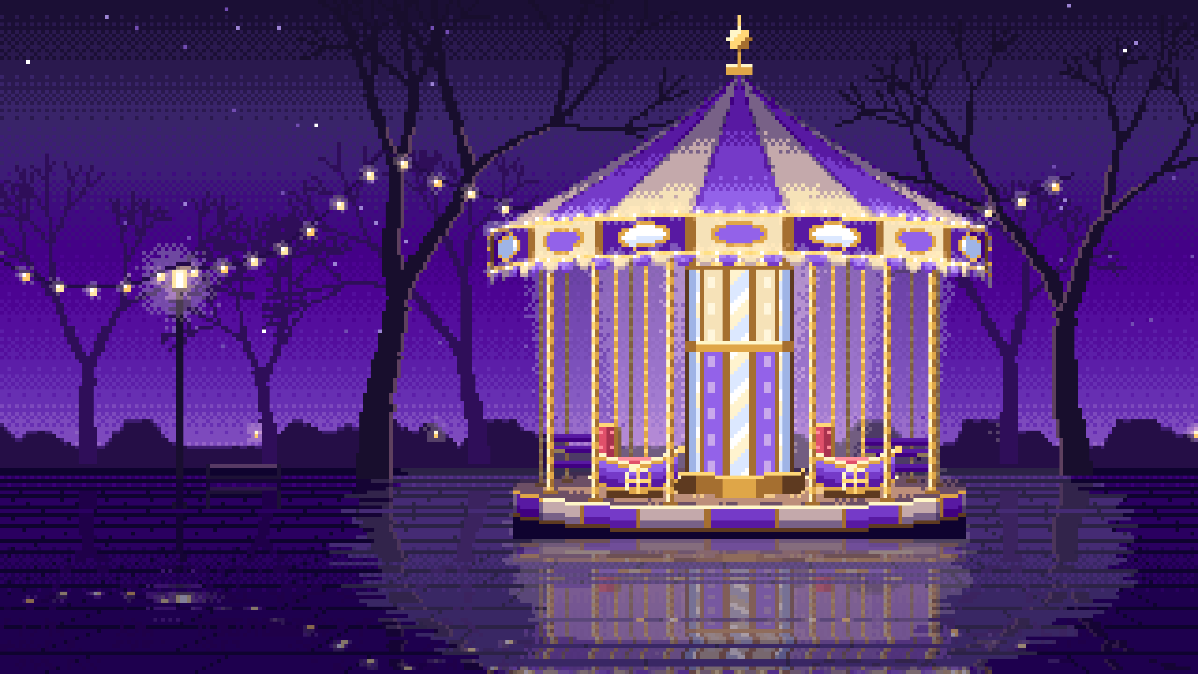 Purple Pixel Art Carousel at Night desktop wallpaper in 4K