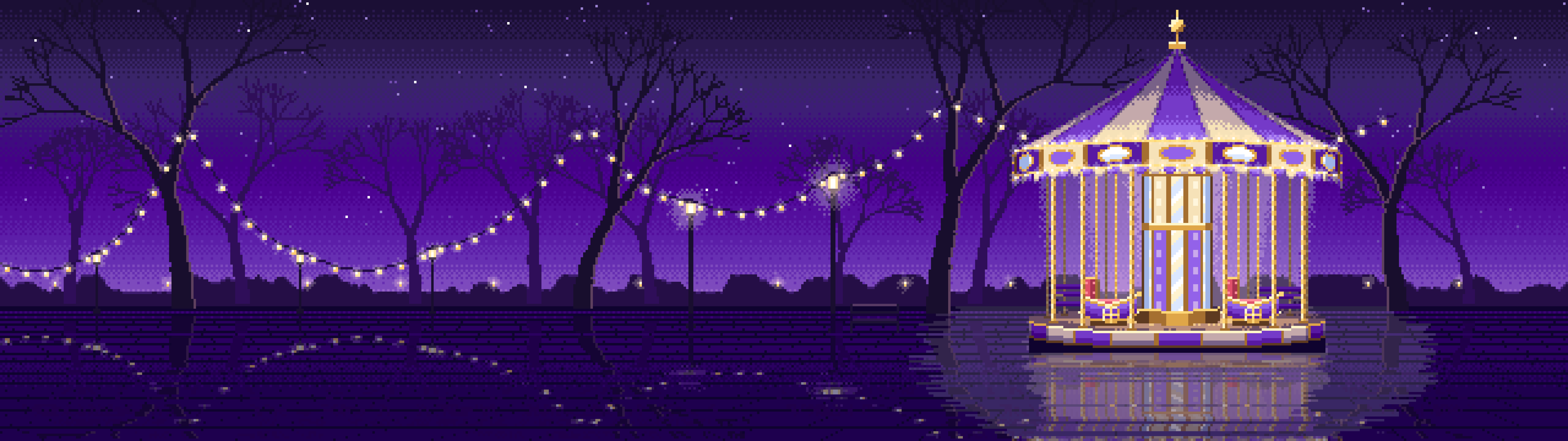 Purple Pixel Art Carousel at Night dual monitor wallpaper, 7680 × 2160