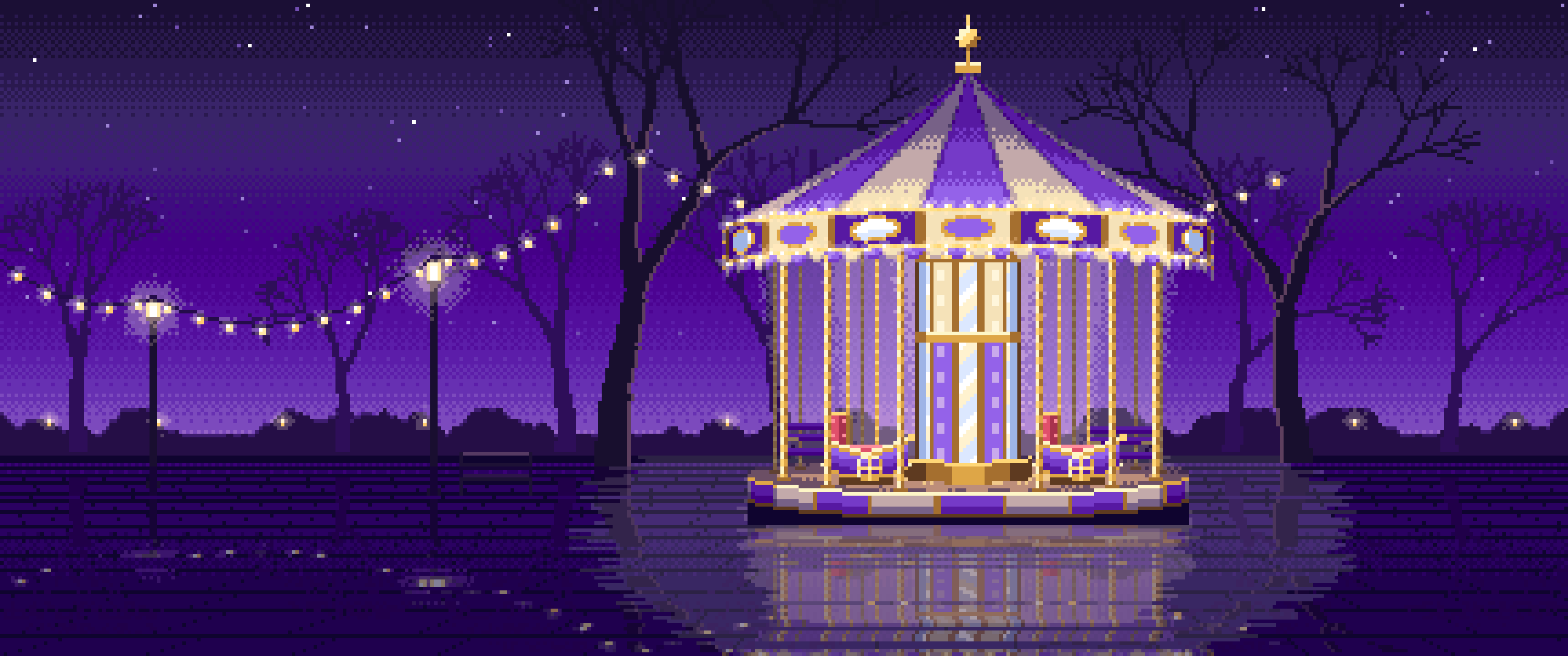 Purple Pixel Art Carousel at Night ultrawide wallpaper, 3440 × 1440