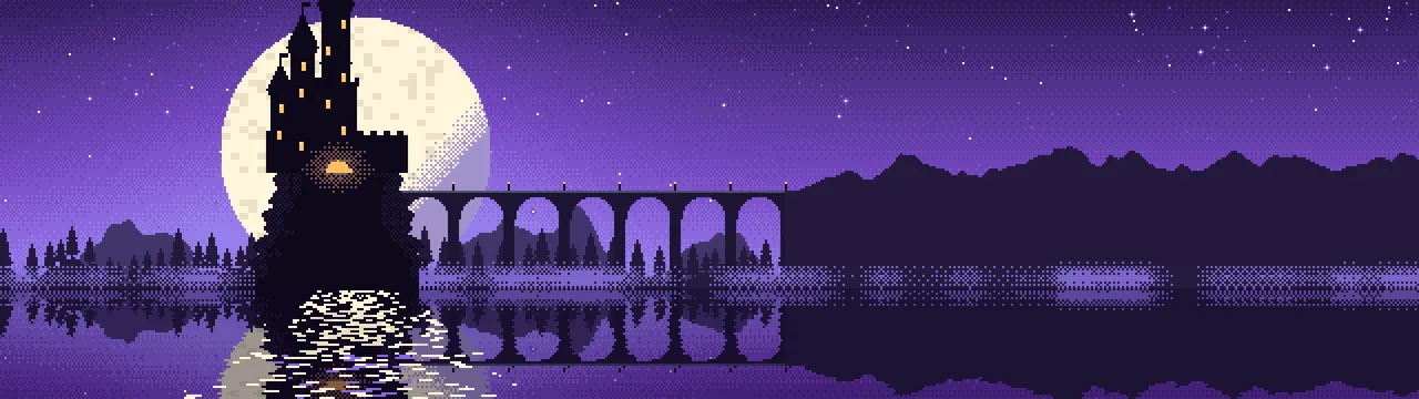Purple Pixel Art Castle dual monitor wallpaper, 7680 × 2160