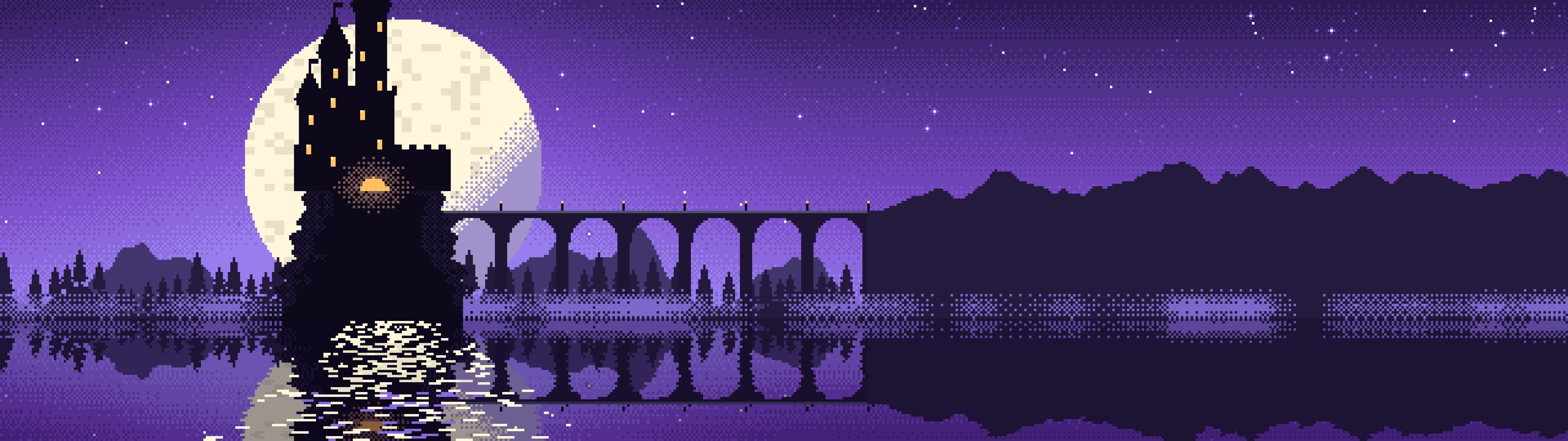 Purple Pixel Art Castle dual monitor wallpaper, 7680 × 2160